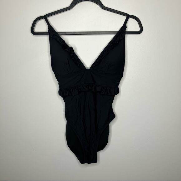 NWT J. CREW Ruffle Deep V One Piece Swimsuit Black 4 - Picture 1 of 6